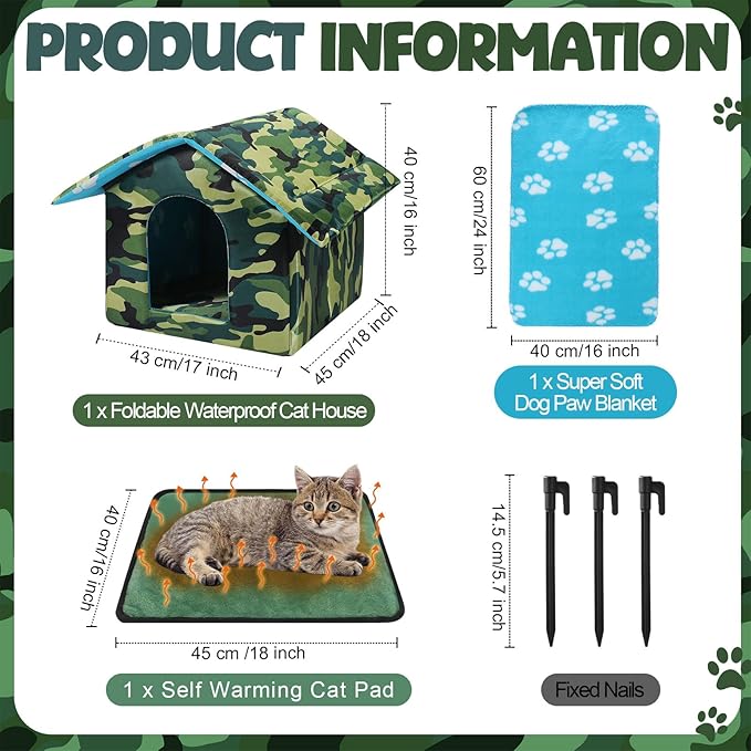 18" x 17" x 16" Outdoor Cat House for Winter Weatherproof Feral Pet Shelter for Cats Dog Collapsible Green Camouflage Pet House Outside with Self Warming Pad Blanket 3 Tent Stake(L Size)