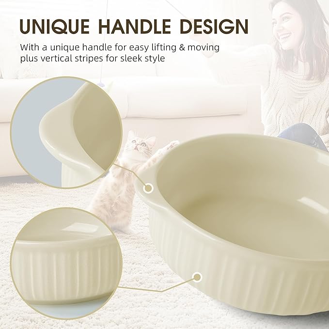 Cat Food Bowl with Handle, 6 inch Ceramic Cat Food and Water Feeder Set, Modern Vertical Texture Design, Kitten Bowls for Indoor Cats and Small Dogs, Microwave Dishwasher Safe, Beige- 2 Pack