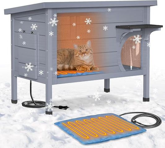 Heated Cat House for Outside - Wooden Insulated Cat Houses Outdoor, Winter Warm Cat Home Weatherproof Waterproof, Clawsable Feral Kitty Shelter with Heated Pad, Escape Door