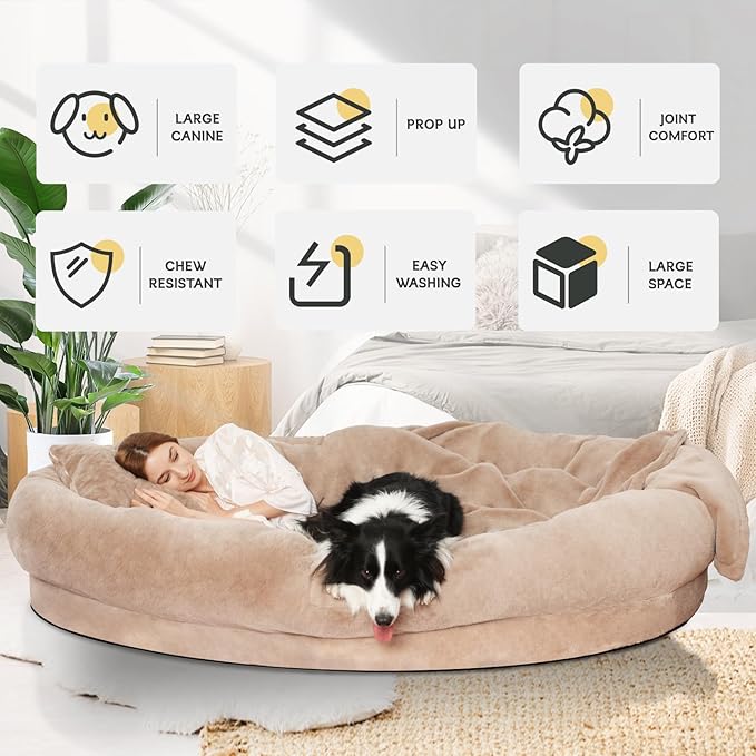 Human Dog Bed for Adult Kids, 70"x33"x12" Washable Faux Fur Human Size Dog Bed for People Doze Off, Cozy Large Present with Blanket and Pillow, Khaki