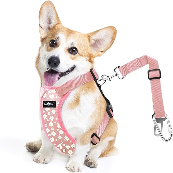 Dog Seat Belt, Safety Vest Dog Car Harness with Adjustable Buckle Dog Seat Belt for Vehicle Nylon Pet Safety Seat Belts Heavy Duty(M, Pink Daisy)