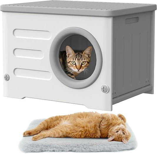 Outdoor Cat House - Weatherproof Heavy-Duty Durable Feral Cat Shelter, Insulated Elevated Stackable Plastic Cave for Outdoor/Indoor Use with Cushion (Grey)