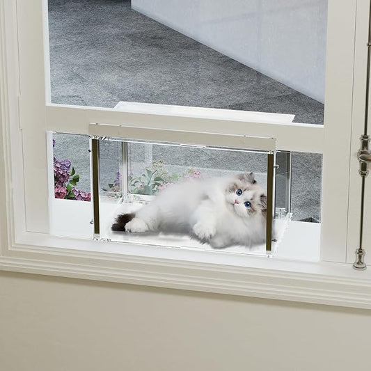 Sumerflos Acrylic Cat Window Perch Catio for Sunbathing, Napping, Overlooking, Eases Anxiety, Save Space, fit Vertical Windows 24" to 34" Wide