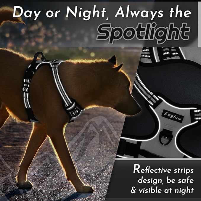 Eagloo Dog Harness Small Sized Dog, No Pull Service Vest with Reflective Strips and Control Handle, Adjustable and Comfortable for Walking, No Choke Pet Harness with 2 Metal Rings, Grey, S