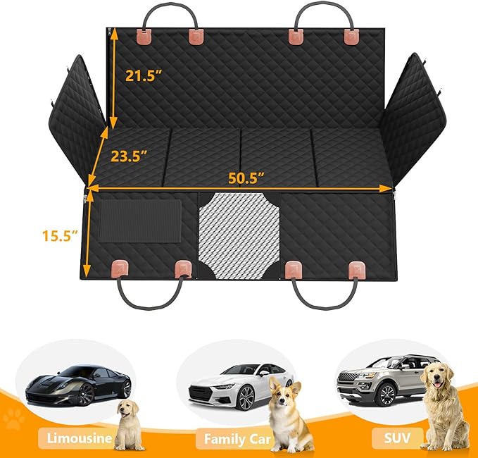 PETICON Back Seat Extender for Dogs, Hard Bottom Dog Car Seat Cover - Supports 400lbs, Rear Seat Pet Cover with Mesh Window, Waterproof Dog Hammock for Car SUV and Trucks