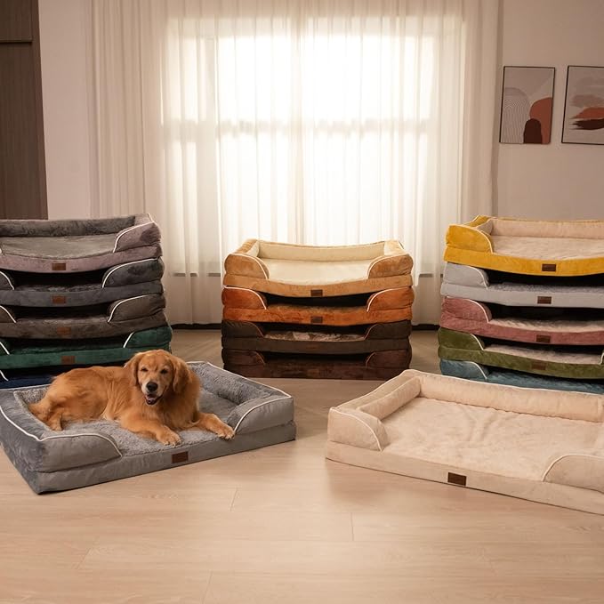 Comfort Expression Orthopedic Dog Bed for Extra Large Dogs 45x35 Inch, Waterproof Supportive Egg Crate Foam XL Pet Bed with Removable Bolsters, Dog Couch with Washable Cover & Non-Slip Bottom, Beige