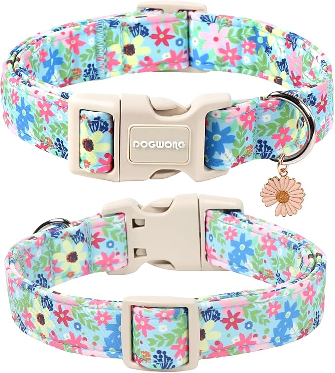 DOGWONG Cute Flower Printed Collar for Small Medium Large Dogs - Blue Floral Dog Collar for Girl Female Boy Dogs,M