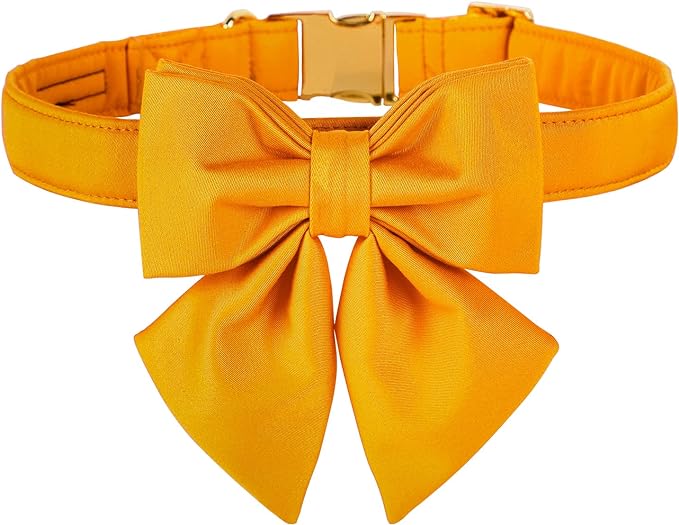 Maca Bates Mango Yellow Dog Collar with Cute Solid Sailor Bow Tie for Extra Small Girl Boy Dogs,Adjustbale Durable Breakaway Soft Collars with Bowtie for Female Male Puppy,Pet with Metal Buckle