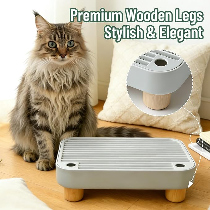 Litter Box Ramp, Cat Litter Catcher Mat with Wooden Feet, Filter Function, Litter Box Step for Small & Elderly Cats, Fits Automatic Litter Boxes (Light Grey)