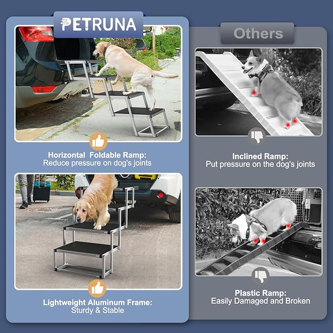 Dog Stairs for Car, Foldable Dog Ramp for Car with Non-Slip Surface, Portable Stairs Aluminum SUV, High Beds, Truck, Supports up to 150 lbs, 4 Steps