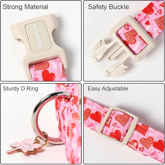 DOGWONG Valentine's Dog Collar - Pink Heart Adjustable Cotton Heart Dog Collar - Cute Dog Collars Perfect for Small Dogs