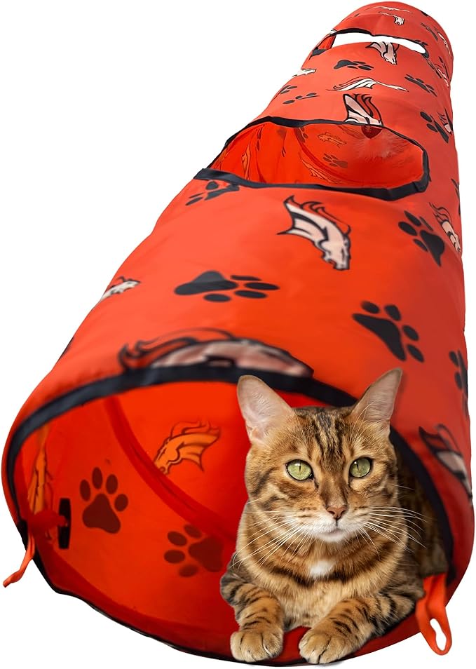 NFL Denver Broncos Cat Tunnel Tube Toy with Plush Football Catnip and Feathers Collapsible Tunnel for Cats to Play, Peek and Hide, Sporty & Fun Cat Tunnel Toy with Team Logo All-Over Design!