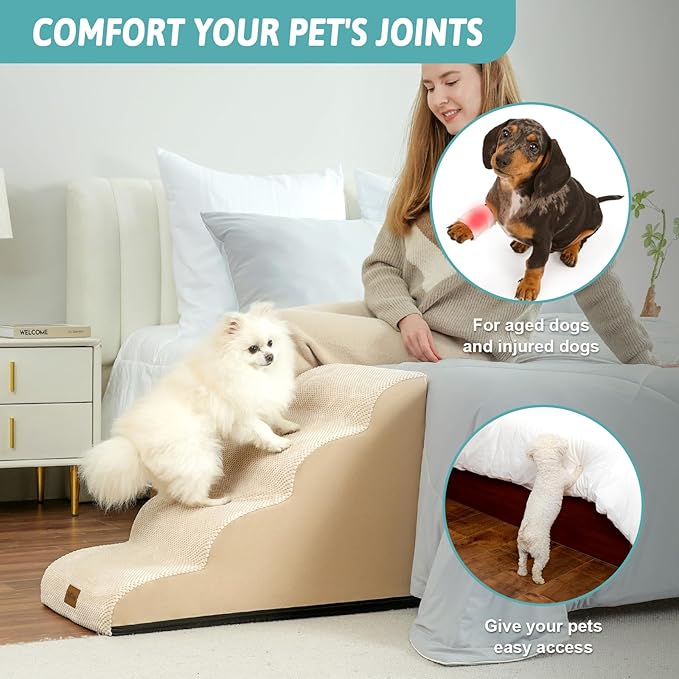 Dog Stairs for Small Dogs 19.7" H, Curved Dog Step for Puppy, Older or Cat, Medium Pet Ramp for Sofa, Couch or Bed, Ladder with High Density Foam, 4 Step, 15.7x28.3x19.7 inch, Beige