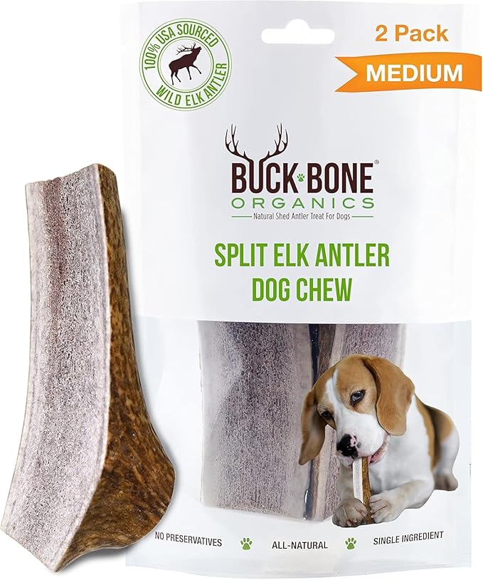 Buck Bone Organics Dog Chews, Antlers for Dogs, Premium Natural Elk, Long Lasting Dog Bones for Aggressive Chewers, No Preservatives, Wild Shed in The USA (Medium 2 Pack)