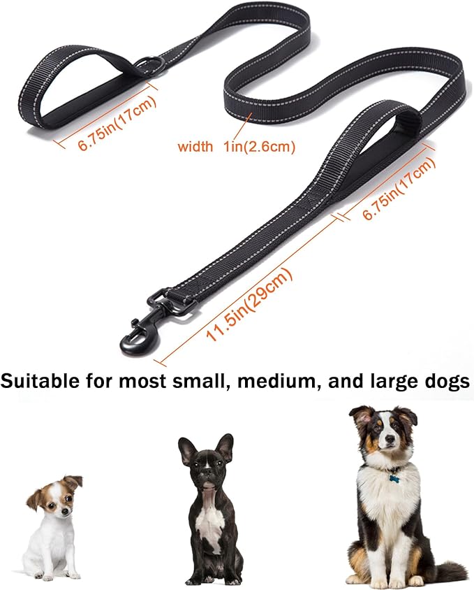 Solmoony 6FT Black Strong Dog Leash with 2 Padded Handles, Traffic Handle Extra Control, Double-Sided Reflective Walking Lead for Small Medium and Large Dogs(Black, 6FT)