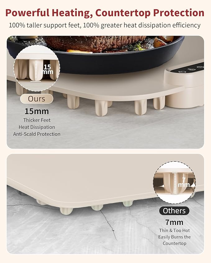 Warming Mat for Food, Upgraded Fast-Heating Electric Warming Tray with 7 Temp Levels & 8 Timers, Buffet Raised Feet & Rollable Silicone Heat Pad, Portable Food Warmer for Home, Party & Travel (Beige)