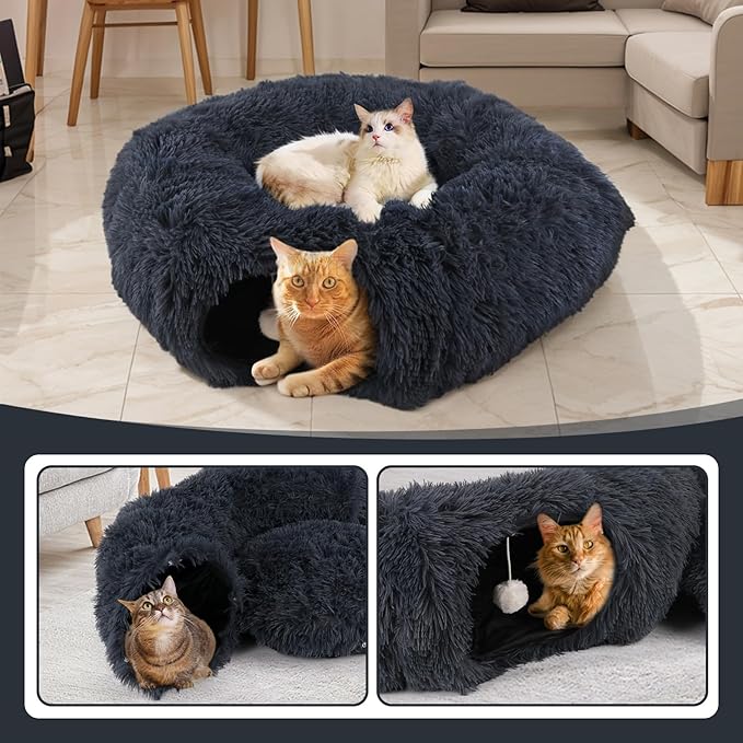 Cute Donut Cat Tunnel, Large Foldable Fluffy Tunnel with Washable Pads and Toy Balls for Indoor Cats