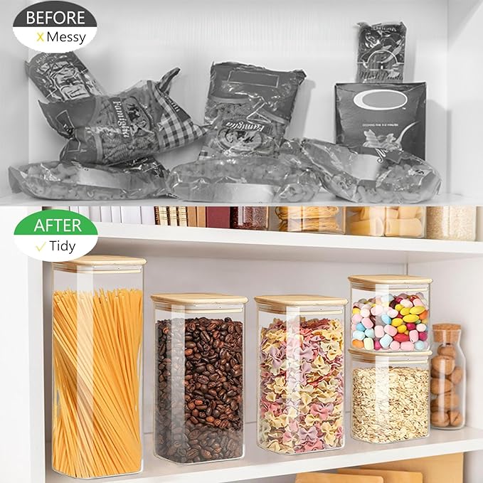 Food Storage Containers with Airtight Bamboo Lids Set of 5, Glass Canisters with Airtight Lids, Glass Food Storage Containers for Pasta, Oats, Coffee, Flour, Sugar, Best for Kitchen, Square