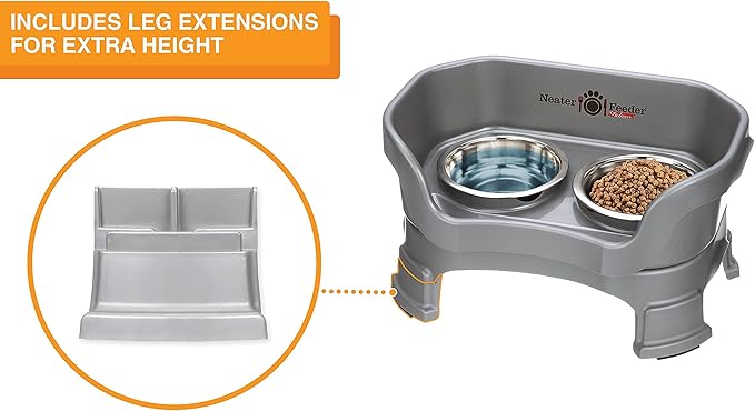 Neater Feeder Deluxe Mess Proof Cat Bowls Elevated for All Breeds – Made in USA – No Spill Raised Cat Bowls for Indoor Cats w/Leg Extensions – Stainless Steel Cat Food and Water Bowl Set - Grey