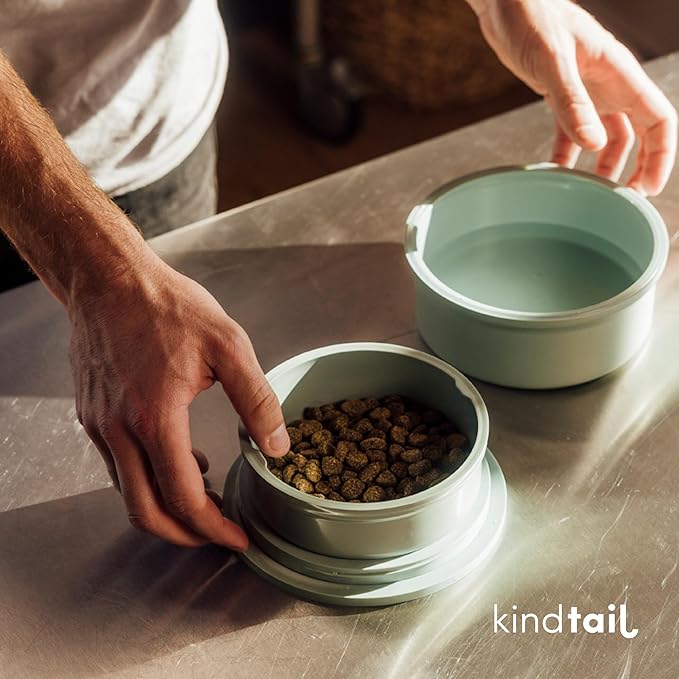 KindTail Dog Travel Bowls - Set of 2 Portable Pet Food & Water Dishes with Lid & Handle - Each Nesting Container Includes a Non-Slip Silicone Base - Microwave & Dishwasher Safe - BPA & Toxin-Free
