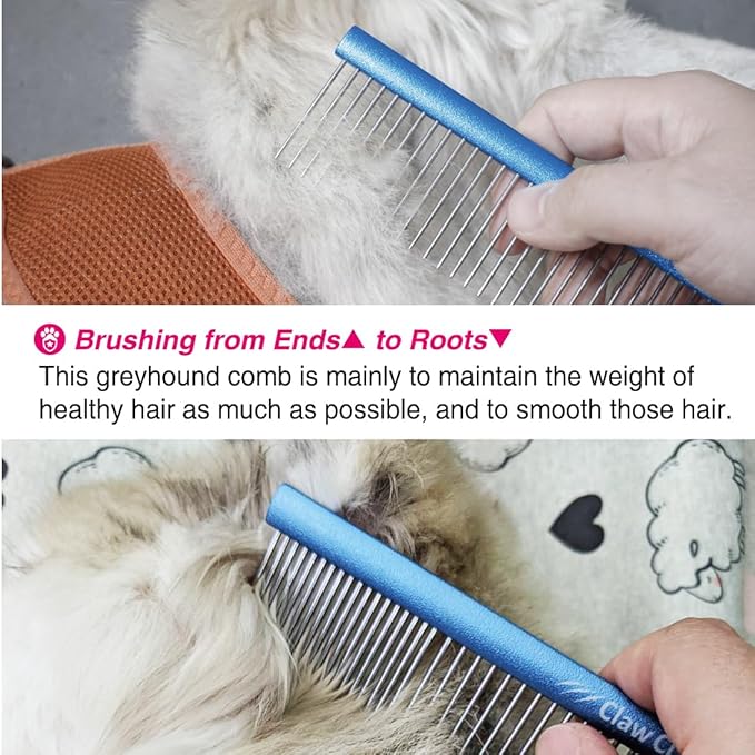 Greyhound Oval Grooming Comb – Aluminum handle, Stainless Steel Teeth Comb for Long-Haired Dogs & Cats, Removes Mats, Tangles, and Loose Fur – Lightweight for Deshedding (Silver/Blue, 9.8")