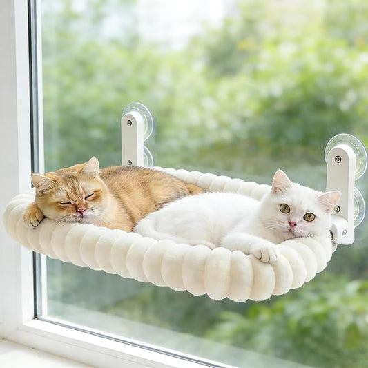 Cat Window Perch with Bolster, Cordless Foldable Cat Window Hammock with Strong Suction Cups & Metal Frame, Machine Washable Pet Bed for Indoor Cats (White, Medium)