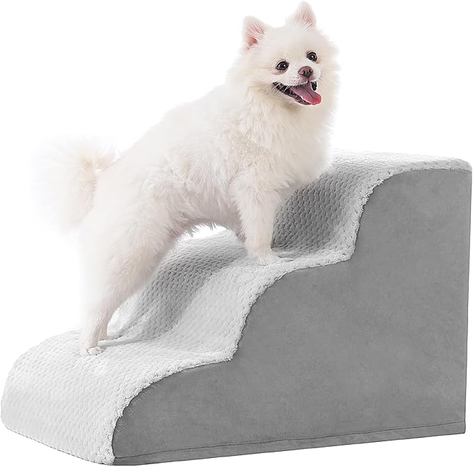 MIHIKK Dog Stairs Ramp, Curved 3-Step Dog Steps for Small Dogs and Cats, Pet Stairs for High Beds and Couch with Anti-Slip Washable Cover and Durable High Density Foam, Grey