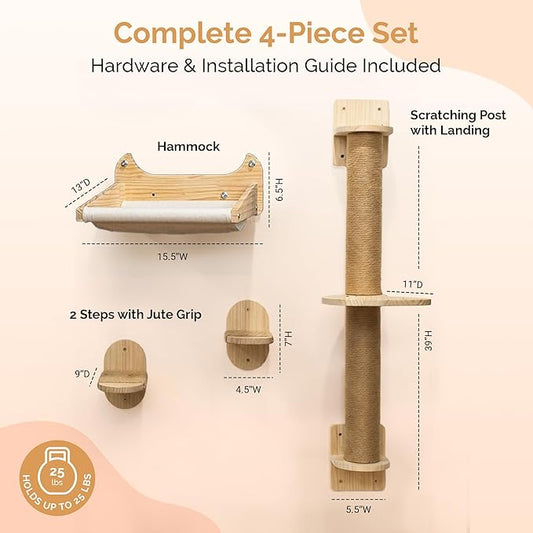 4-in-1 Window & Wall Mount Cat Wall Shelves – Hammock, Scratching Post & Perch | Fits up to 25 lbs | Space-Saving Pet Furniture for Windows, Glass & Drywall | Modern Wood Cat Shelf Set