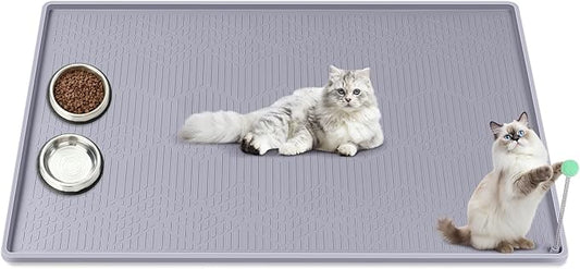 Cat Food Mat with Toy Ball, 34'' x 22'' Extra Large Silicone Pet Feeding Mat with Raised Edge Pet Placemat for Food and Water Bowl Non-Slip, Easy to Clean, Floor Protection (Grey)