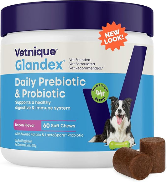 Vetnique Glandex Daily Probiotics for Dogs with Prebiotics to Support Gut Health with Fiber and Digestive Enzymes, Dog Probiotic Chews or Powders (60ct Chews, Bacon Chews)