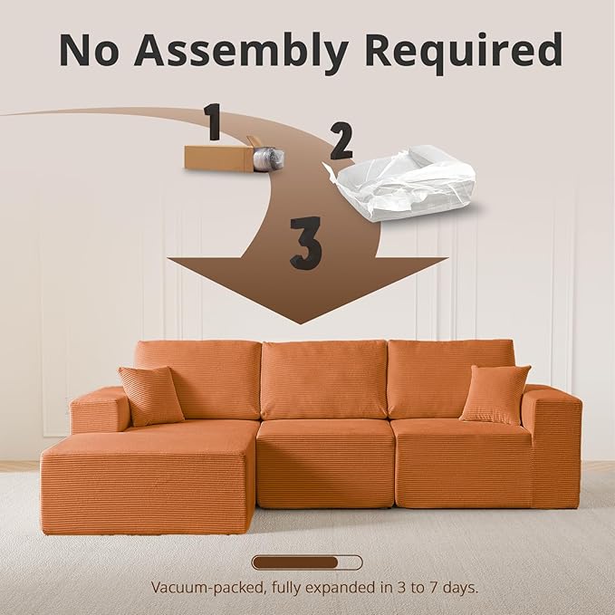 108" L-Shaped Boneless Couch, High Seat Modular Sectional Sofa with Moveable Ottoman, Corduroy Cloud Couches for Living Room, No Assembly, Ship in a Box, Orange