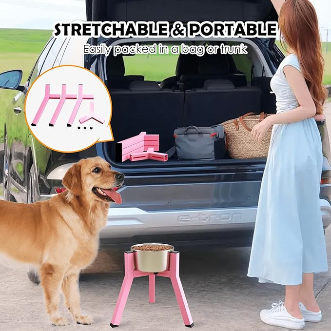 Elevated Dog Bowl Stand for Medium Large Dogs, Adjustable Width 7-10.6", 11" Tall Single Raised Dog Bowl Holder, Pink