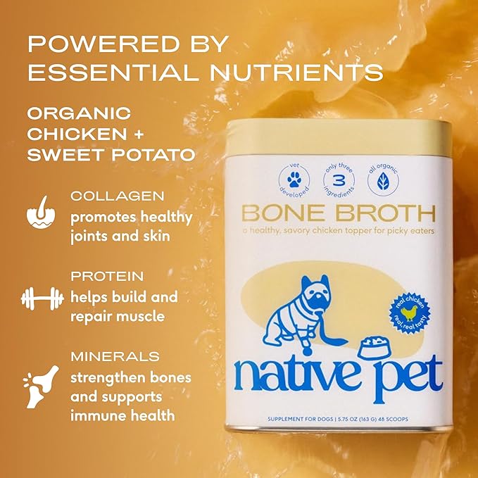 Native Pet Bone Broth for Dogs and Cats - Chicken Bone Broth Powder Dog Food Toppers for Picky Eaters - Provides Extra Nutrition for Joint Strength, Immune Support & Heart Health - 192 Scoops