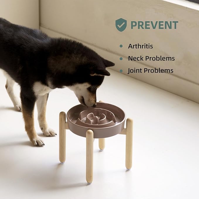 Ceramic 1.6 Cup Raised Slow Feeder Dog Bowl Set, Elevated Wooden Stand for Medium and Large Dog, 8.2inch Puzzle Slow Dish, Anti-Gulping(Brown Coffee, Single Bowl+ Stand)
