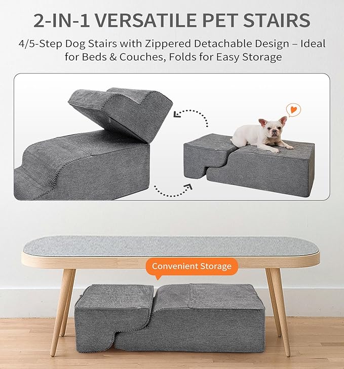 Made4Pets Dog Stairs Ramp for Small Dogs 15.7" H, 3-Step Dog Steps for Bed Couch Sofa and Chair, 35D Foam Pet Steps for Small Dogs and Cats, Non-Slip Bottom Pet Stairs, Grey