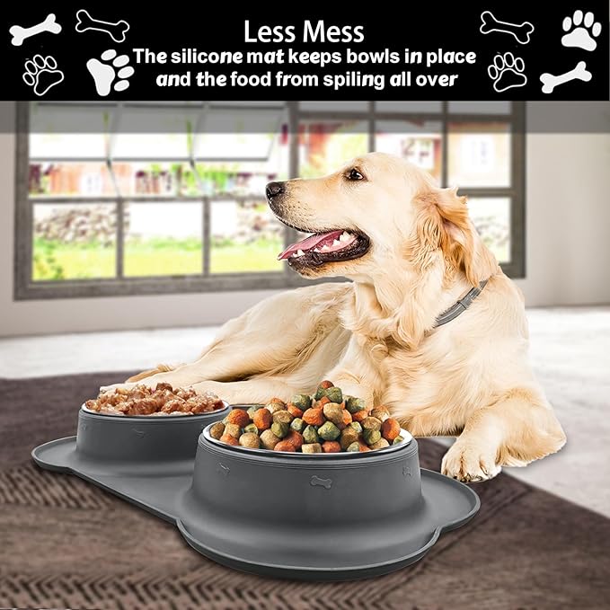 AsFrost Dog Food Bowls, BPA Free Stainless Steel Dog Food and Water Bowl Set, 2 Large Dog Bowls with No Spill Non-Skid Silicone Mat, Dog Dishes for Medium Large Sized Dogs Pet Bowls, 6 Cup, Grey