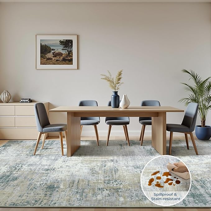 8x10 Washable Area Rug, Abstract Large Living Room Rug Non-Slip, Indoor Modern Low-Pile Accent Carpet for Bedroom Nursery Dining Room, Blue/Beige