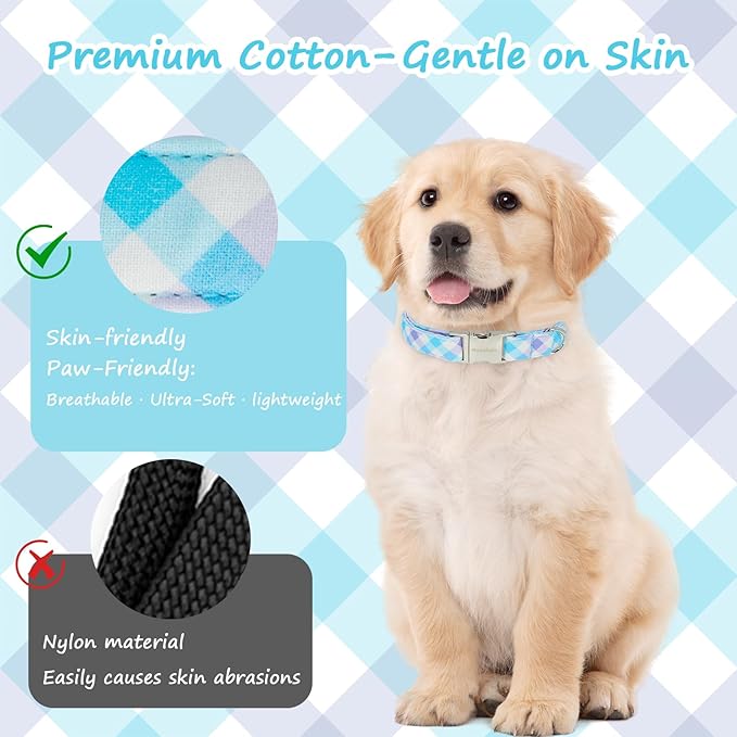 Cotton Collar for Dog竊똕oft Adjustable Dog Collars for Small Dogs, Cute Dog Collar with Blue & White Plaid for Small Medium Large Dogs, Perfect for Girl or Boy Dog Collars-S