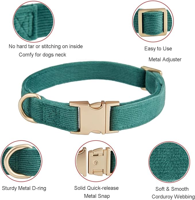 Soft Corduroy Fibric Dog Collar with High Grade Metal Buckle, for Large Dogs.(Green,Large:17-26")