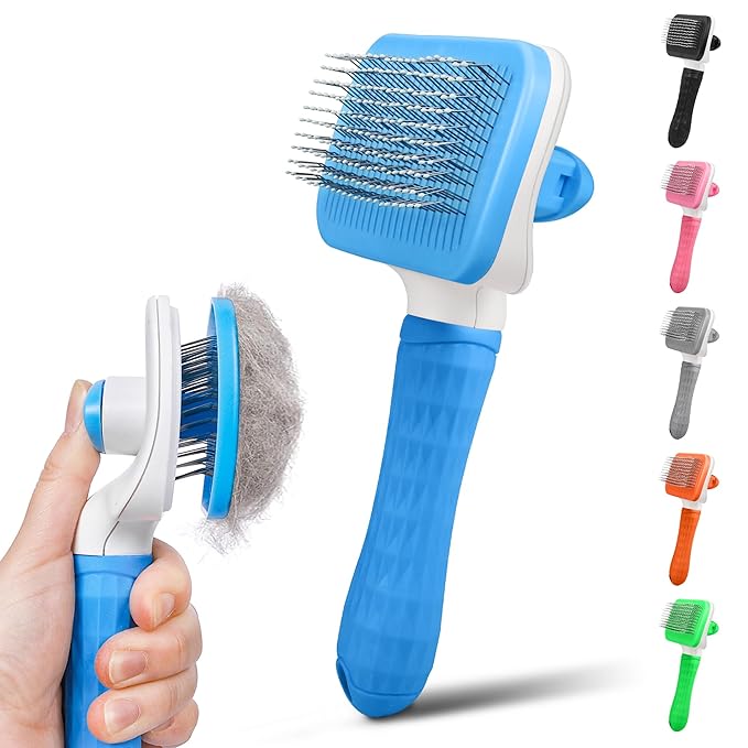 Dog & Cat Brush, Self Cleaning Slicker Brush for Pets, Upgraded Dog Brush for Shedding Massaging and Grooming, Removes Loose Undercoat & Portable Comb for Long Short Haired Dogs(Blue)
