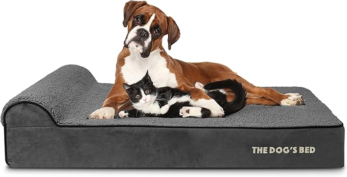 The Dog’s Bed Orthopedic Memory Foam Dog Bed with Headrest, Plush Fabric, Grey Plush, XL, 6-Inch