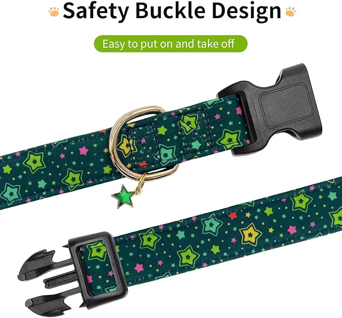 Cotton Dog Collar,Adjustable Cute Puppy Collar with Moon Patterned Design for Small Medium Large Dogs,Soft and Fancy Pet Collar with Safety Buckle for Girl Boy Dogs (Green Star, L)