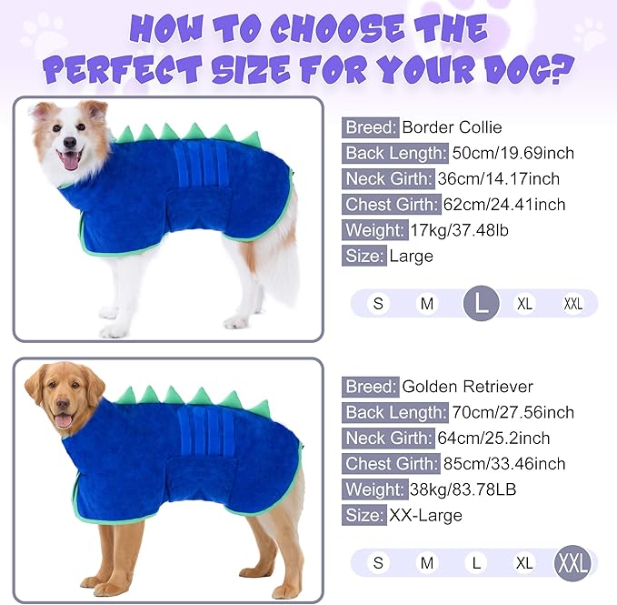 Super Absorbent Dog Bathrobe, Microfiber Bath Robe Towel for Fast Drying, Cozy Fit, Adjustable Belly Strap, Unique Dinosaur Design Dog Drying Coat for Bath, Rainy Walks & Cold Weather