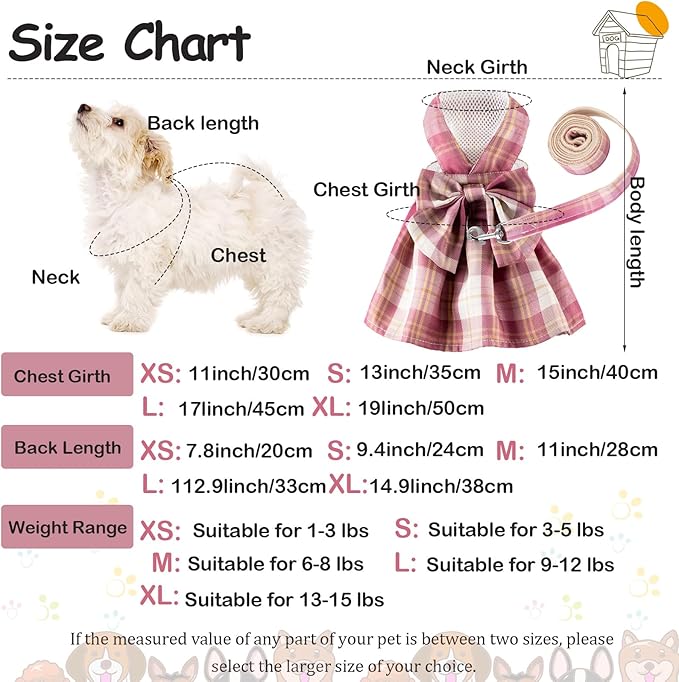 4 Pcs Cute Plaid Dog Dress Set with Bow Tie Harness & Leash for Small Dogs, Puppy Clothes for Girls Outfits(Xs,Dark Color)