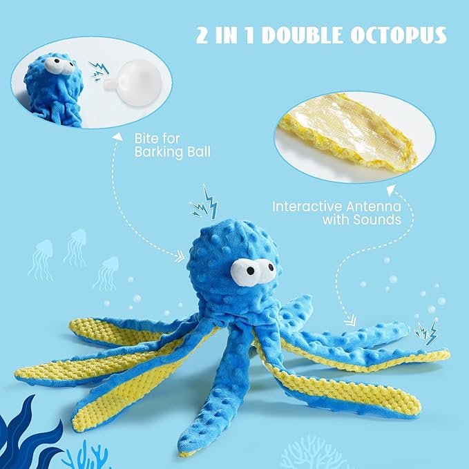 Nocciola Octopu Crinkle Squeaky Dog Toys for Aggressive Chewers, Durable Stuffed Plush Rope Tug Puppy Toy for Small, Medium Large Dogs, Octopus Fish Ocean Beach Summer, Dog Birthday Gifts