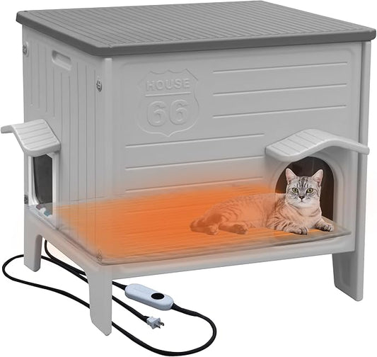 Heated Cat House Outside for Winter，Plastic Cat House Waterproof for Outdoor, Feral Cat Shelter with Escape Door, Easy to Assemble Easy to Clean