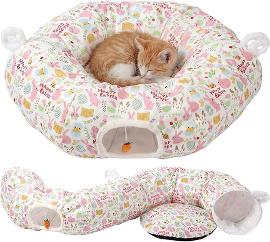 Aliceset Easter Bunny Cat Tunnel Bed for Indoor Cats 3ft x 3ft x 10in Foldable Cat Donut Tunnel with Washable Cushion Easter Rabbit Peekaboo Cave Toy for Small Kitten Kitty