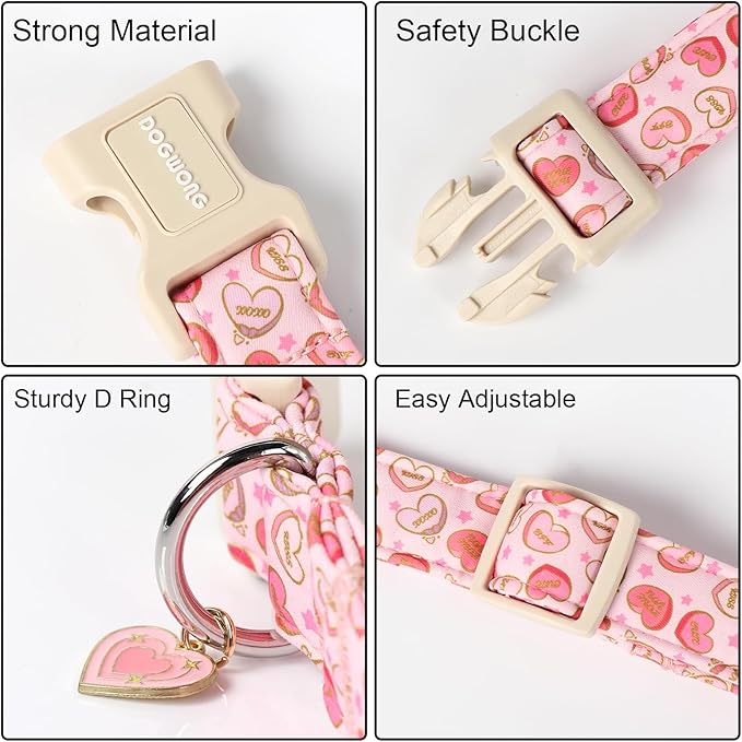 DOGWONG Pink Heart Valentine Dog Collar, Medium, Soft, Adjustable, Cute, for Small to Large Dogs
