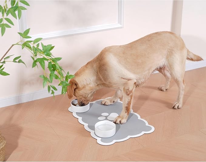 Ralxion Scalloped Dog Feeding Mat, Absorbent Mats for Dog Food and Water Bowl, Dispenser, Cute Elegant Aesthetic Grey Scallop Pet Placemat for Dogs, Cats, Puppy Accessories, 17" X 24”