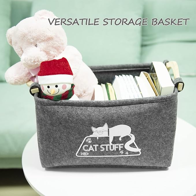 Cat Toy Box, Cat Toy Storage Basket with Handles, Felt Pet Toy Basket Pet Supplies Storage Bin, Perfect for Organizing Cat Toys and Accessories